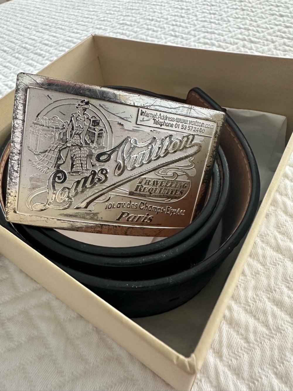 Louis Vuitton Silver-Tone Engraved Plaque Belt with Brown Leather